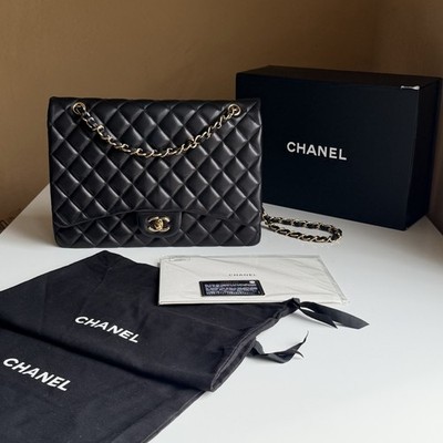 Chanel Classic Maxi Single Flap Bag Black Lambskin Gold HW 26-Ser Full Set Auth