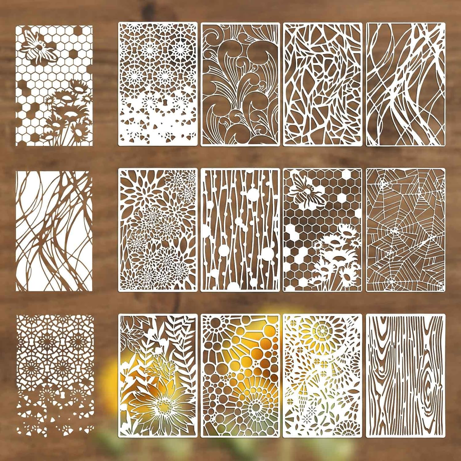 12Pcs Reusable Stencils for Painting, Texture Art Stencils for Crafts Net Wood G