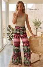 New Boho Women's High Waisted Foldover Multi Colored Palazzo Pants S M USA