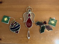 Set-3 Vintage Christmas Suncatcher Stained Glass Ornaments Angel Holly Teardrop