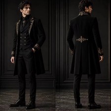 Men Suit 3 Pcs Embroidery Double Breasted Vest Long Tailcoat Victorian Tuxedo