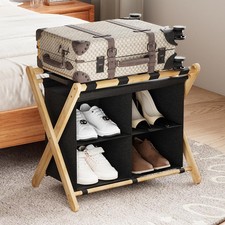 Luggage Rack for Guest Room, Folding Suitcase Stand with Fabric Storage Shelf...