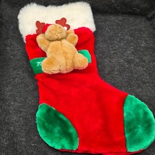 Vtg Santa's Best Reindeer Moose 3D Plush Stocking Christmas Holiday Red Green