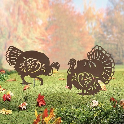 ''Metal Turkey Garden Stakes - Set of 2 Outdoor Thanksgiving Yard Decor''