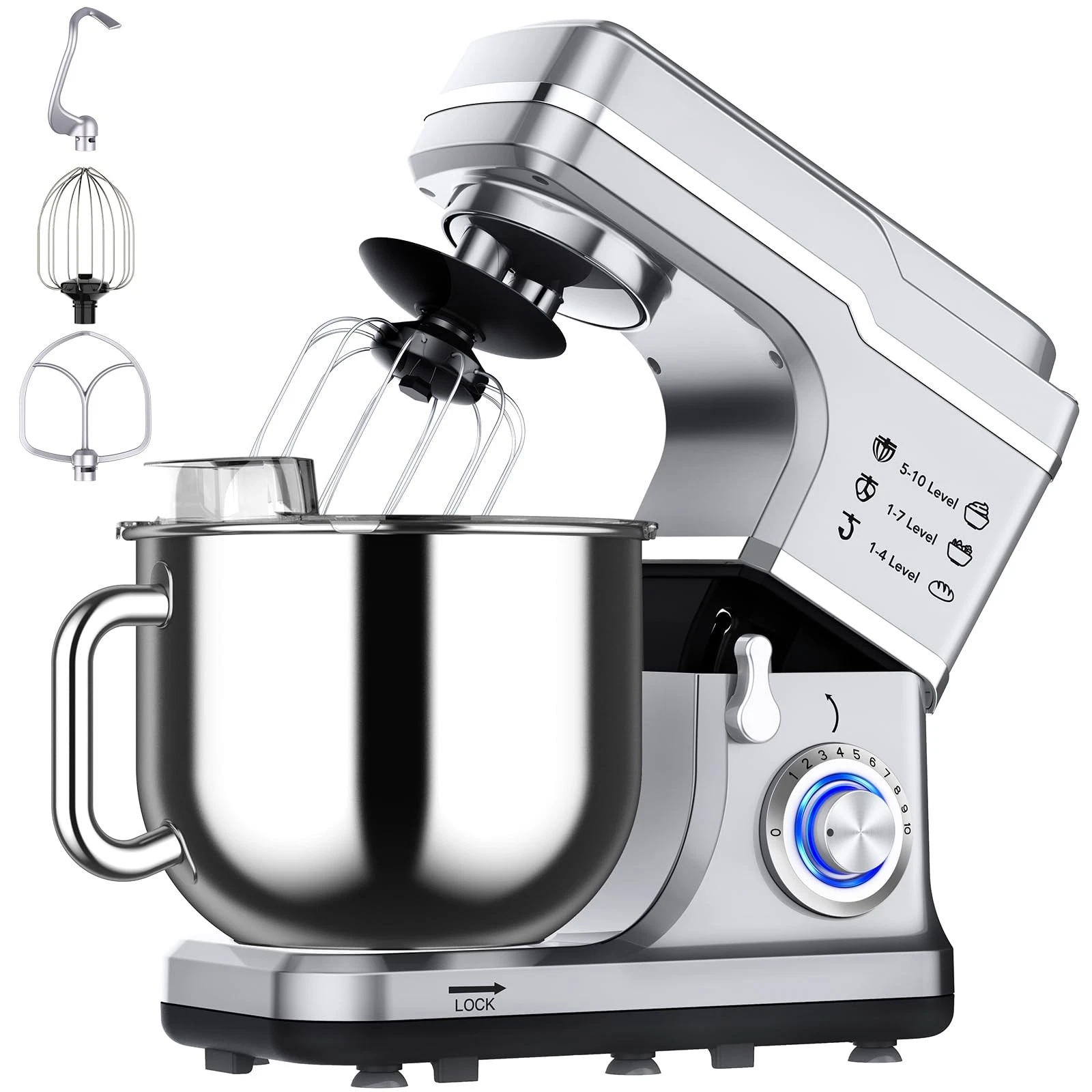 Stand Food Mixer 7.5QT 10 Speed Tilt Head Stainless Steel Silver Garvee Electric