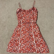 Lauren Conrad Red-Orange Floral Sundress Spaghetti Strap Buttons Lace, Sz 8