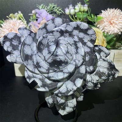 1.7LB 8'' Natural Snowflake Obsidian Flower Carved Heal Crystal Quartz +stand