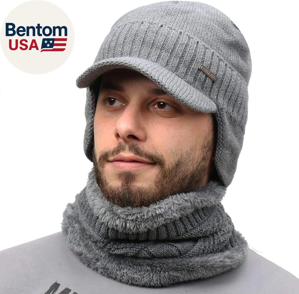 Winter Beanie W/Visor & Earflaps for Men Outdoor Fleece Hat Scarf Set