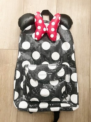 Disney Minnie Mouse Polka Dot Sequin Backpack with Ears, Bow, Black White Red