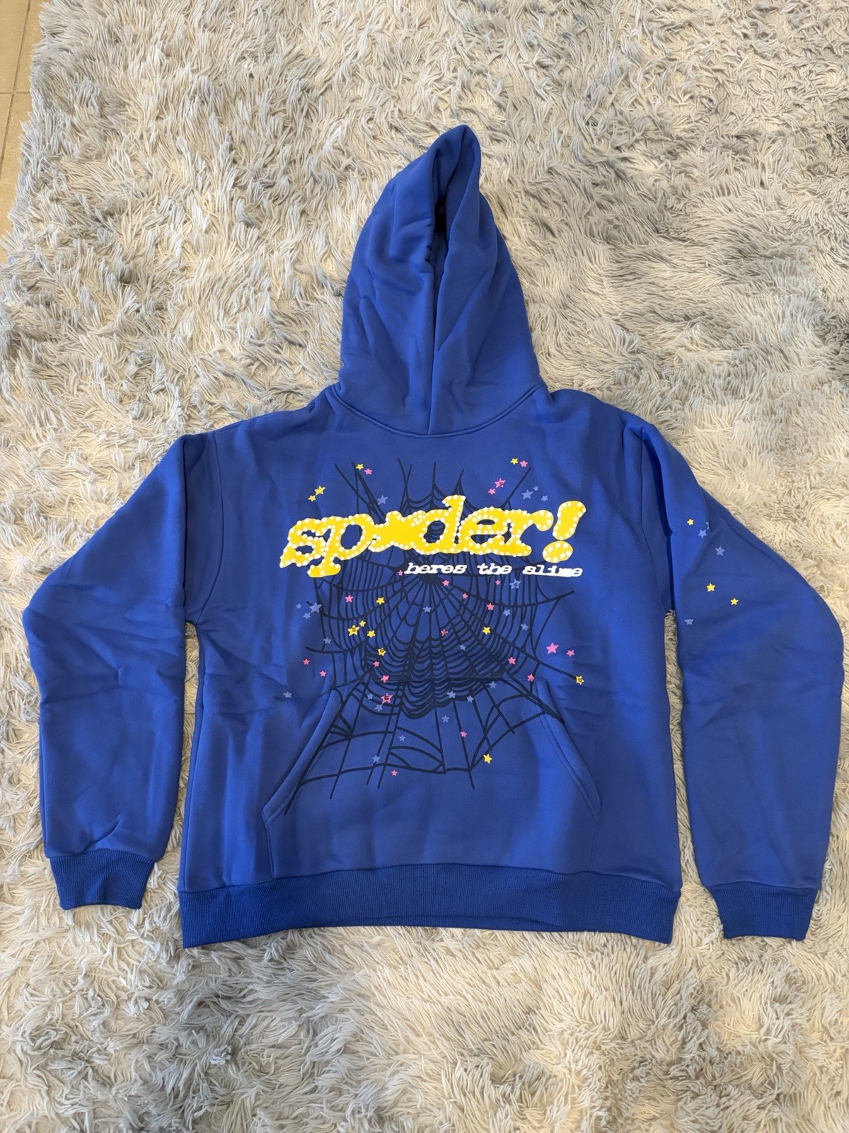 Spider Blue and yellow Pullover Hoodie Graphic Print Web Stars Long Sleeve