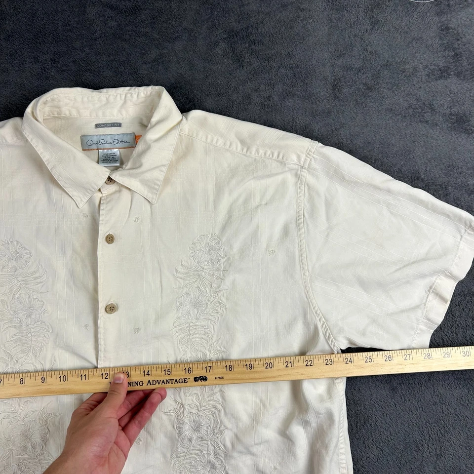 Camisa Hawaiana Quiksilver Para Hombre XL 100% Seda Blanca Marfil Bordada Campamento Surf S Foto 4 de 4