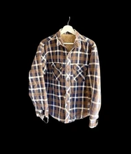 Vintage 70’s Quilt Lined Plaid Flannel Shirt Perma Prest Size L/XL Distressed