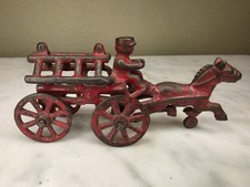 Antique Cast Iron Horse-Drawn Fire Wagon Toy w/ Driver   Original Paint   Early