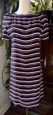 Sz 10 J. Crew 100% Silk Shift Dress Striped Short Sleeve Navy Blue Orange Mini