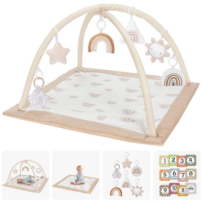 Washable Tummy Time Mat, Baby Play Gym with 6 Featured Toys and 12 Milestone Car