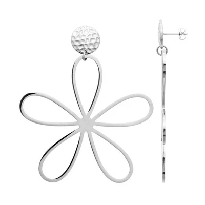Boucles d'oreilles clous pendantes forme fleurs acier argenté - Photo 1/2