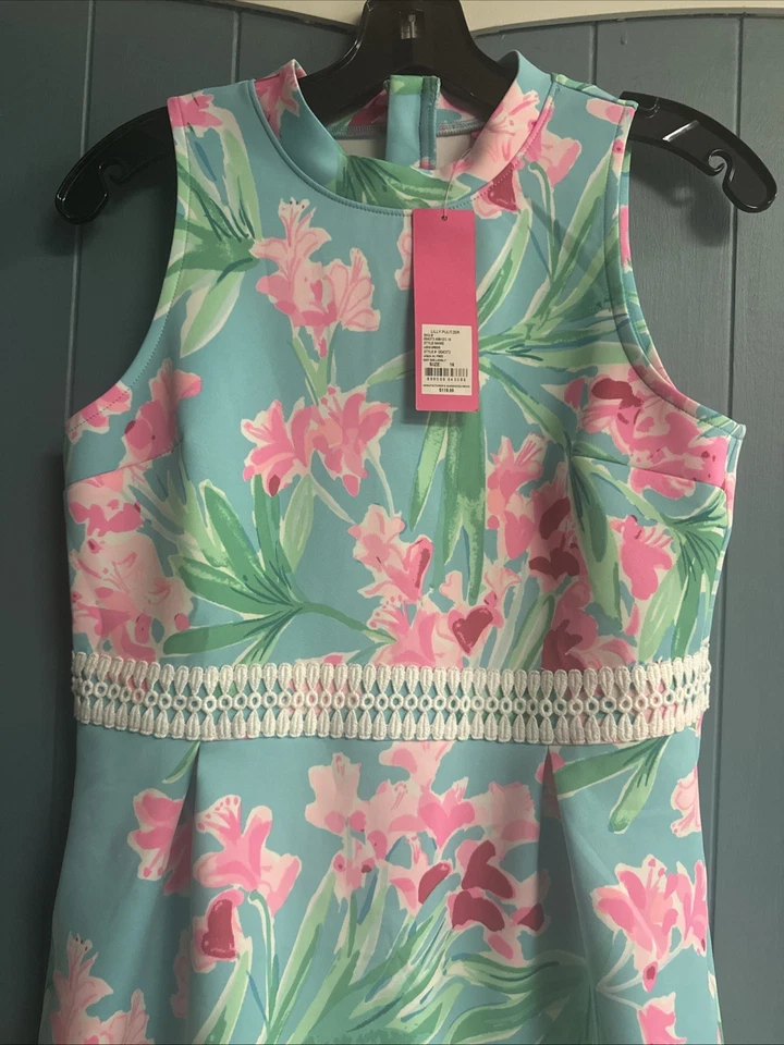 Lilly Pulitzer Girls Sz 16 Isn’t She Lovely LEESI DRESS Aqua Fit Flare Pockets - Image 3 of 4