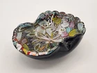VTG Murano Italy Art Glass TUTTI FRUTTI Confetti Black Glass Ruffled Edge Bowl