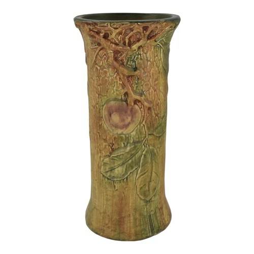 Weller Baldin Woodcraft 1915-20 Art Pottery Brown Green Red Apple Tall Vase