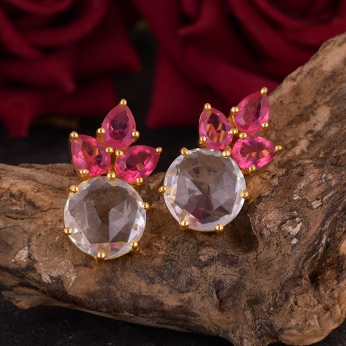 Beautiful Crystal Quartz Silver Stud Women Earrings Pink Corundum Earrings Gift - Picture 3 of 7
