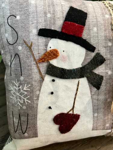 All Through the Night SNOWMAN & HEART Wool Appliqué Completed Pillow - Picture 2 of 4