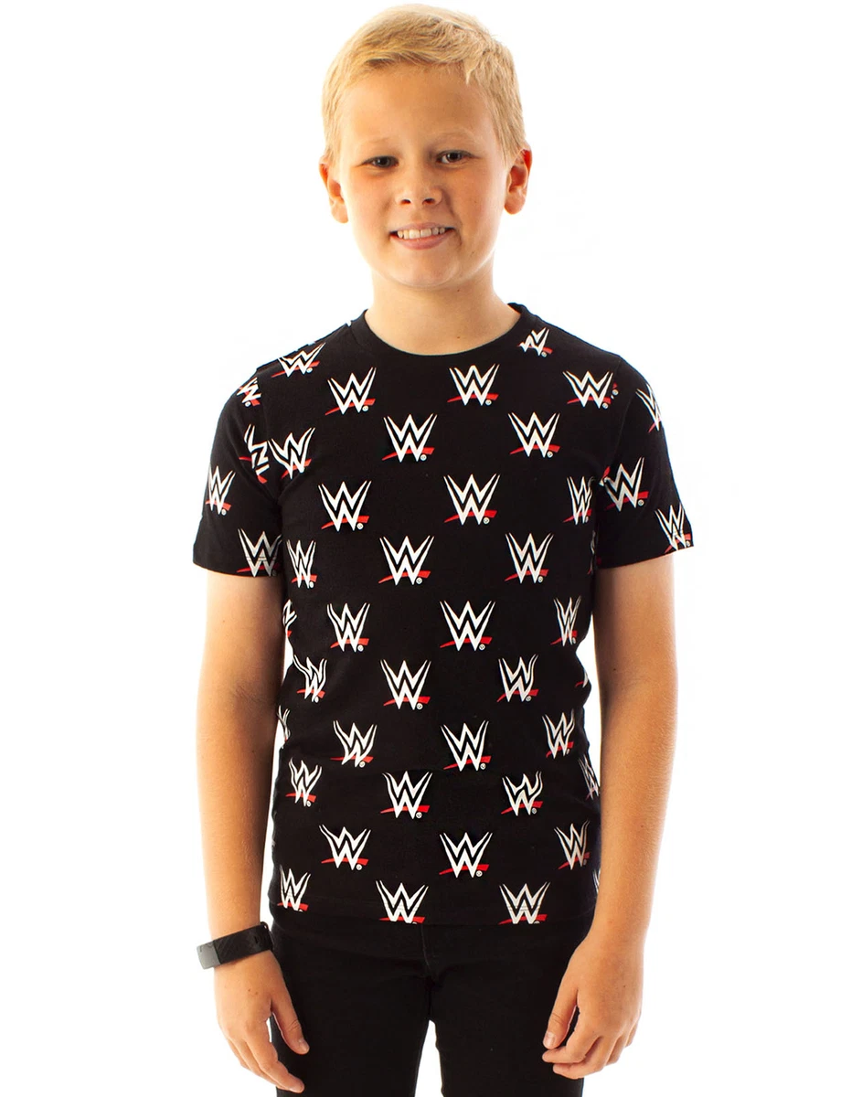 WWE Wrestling All Over Print Boys Kids Black Logo T shirt