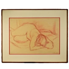 CLARA KLINGHOFFER Original Vintage Signed MCM Female Figure Red Sanguine Drawing
