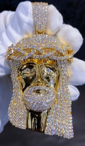 Real Moissanite 3Ct Round Cut Jesus Face Pendant 14k Yellow Gold Plated Silver - Picture 2 of 4