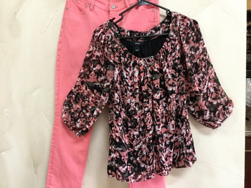 Alfani Womens Sz 4 Peasant Blouse Top Lined bodice Peach Gray Black Stretch Hem - Picture 5 of 7