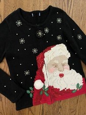 Vtg Over The Top Crazy Busy Ugly Christmas Zip Giant Santa Head Sweater M