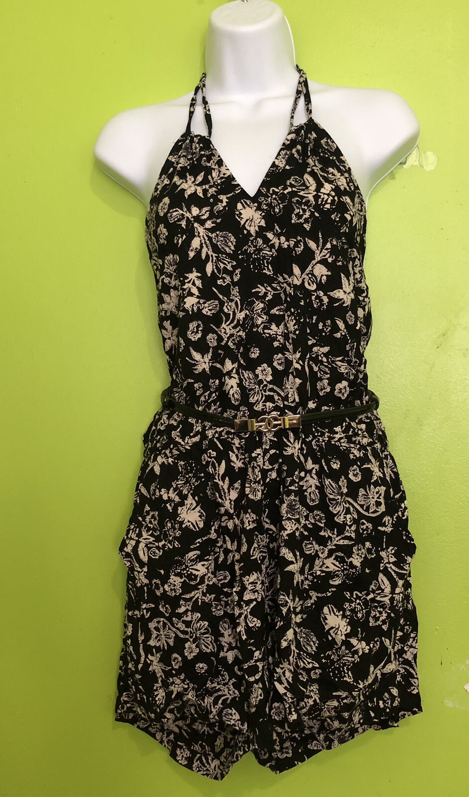 Angie Romper Shorts Large Blue Floral Halter Tie Boho Festival-image