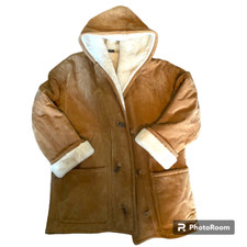 Vintage Womens Gallery Brown Suede Leather Sherpa Lined Hood Barn Coat S
