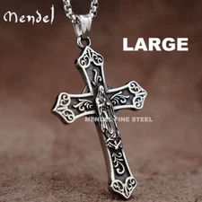 MENDEL Mens Large Big Catholic Virgin Mary Cross Pendant Stainless Steel For Men