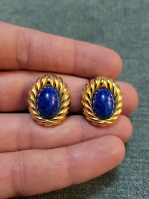 Christian Dior Oval Stepped Gold-tone & Blue Lapis Glass Cabochon Clip Earrings