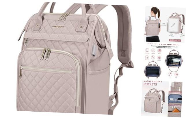 17 Inch Quilted Laptop Backpack for Women in Dusty Pink - Work & Business