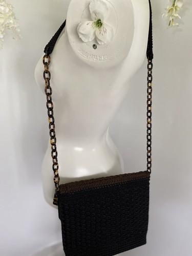 Christian Livingston Black Crochet Bag w Faux Tortoise Chain Strap Cross Body - Picture 5 of 12