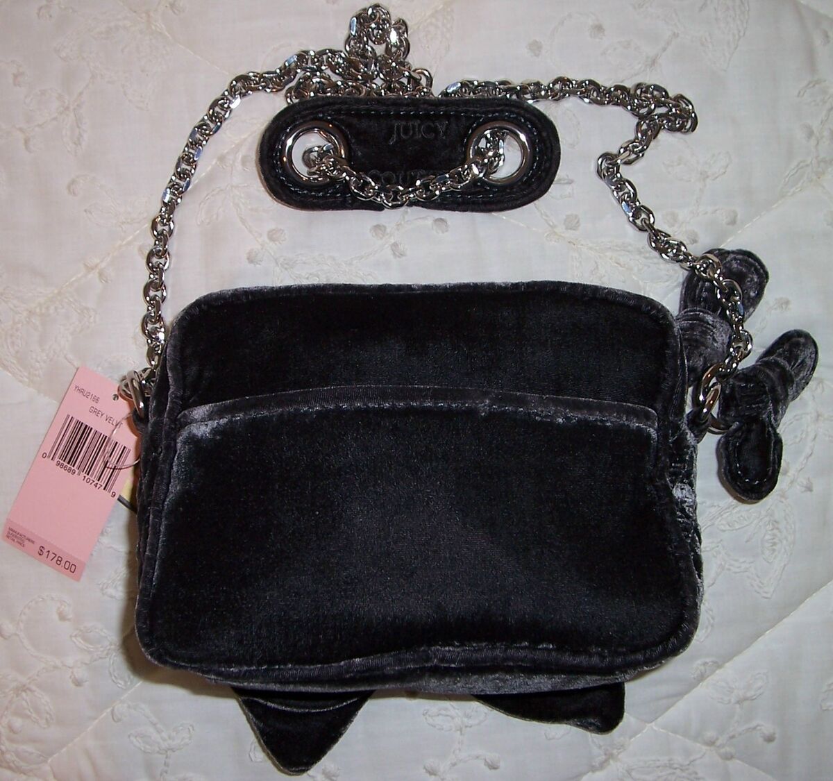 NWT Juicy Couture VELVET BOW CHAIN STRAP Shoulder Bag GRAY NWT Juicy Couture VELVET BOW CHAIN STRAP Shoulder Bag GRAY