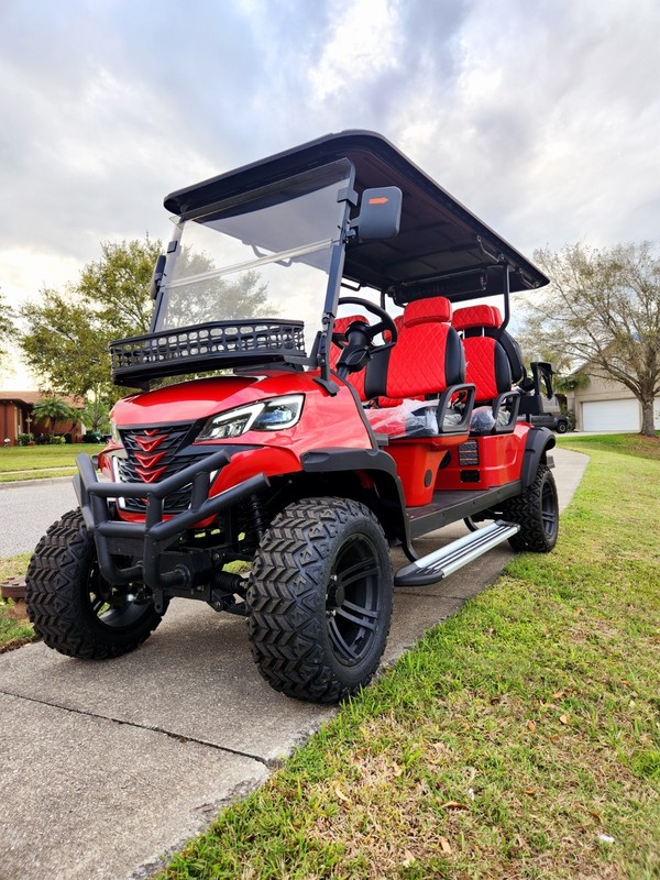 New Golf Cart Red Six Seater Lifted Touch Screen Lithium Sound Bar & LED Lights 
