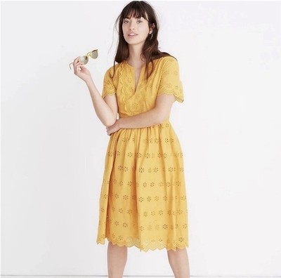 Madewell 0 yellow eyelet scalloped hem dress 100% cotton bohemian boho mustard