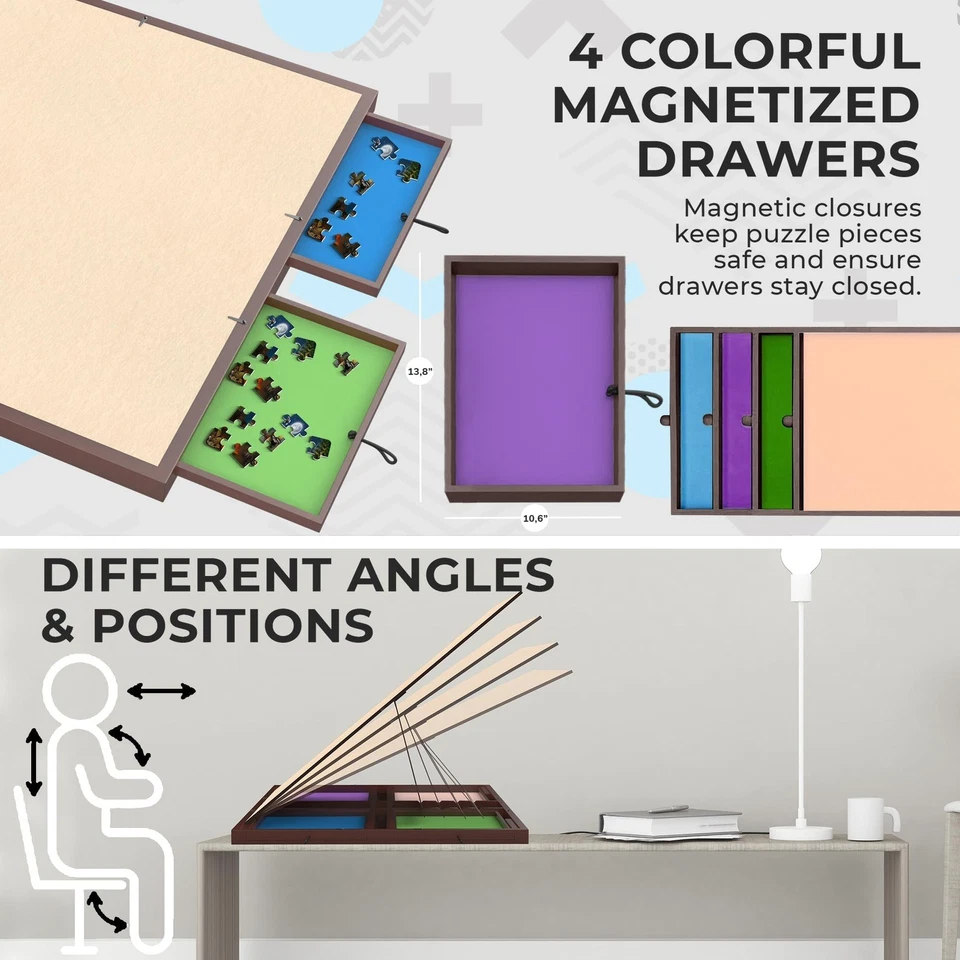Spinning Jigsaw Puzzle Board Table with 4 Drawers, Felt Surface & Cover XL - Image 3 of 4