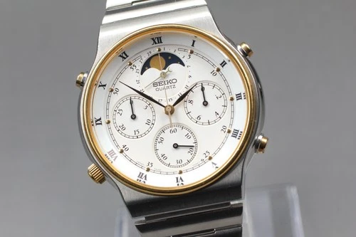 [Near MINT] Vintage SEIKO Moon Phase Quartz 7A48-7000 Chronograph Date Roman Men