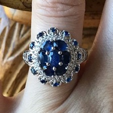 Natural Blue Sapphire Sterling Silver Cocktail Ring Size 6