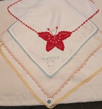 Lot Of 4 Lady's Vintage Handkerchiefs Crochet Edges Pink Blue Red Yellow Linen