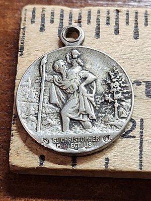 Vintage Silver Saint Christopher Protect Us Medal ~ Pendant Charm