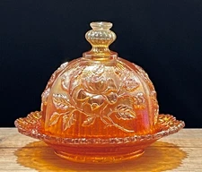 Stunning Antique Imperial Glass Open Rose In Marigold Butter Dome Dish