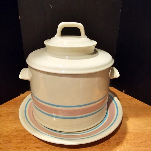 Vintage McCoy Soup Tureen Crock blue pink strip under plate and lid