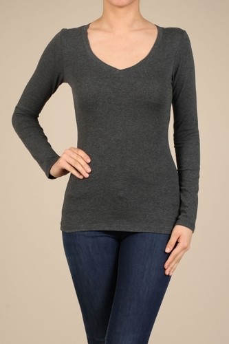 CAMISETAS DE ALGODÓN CUELLO EN V manga larga para mujer/junior top liso S-XL SJ2022 - Imagen 26 de 72