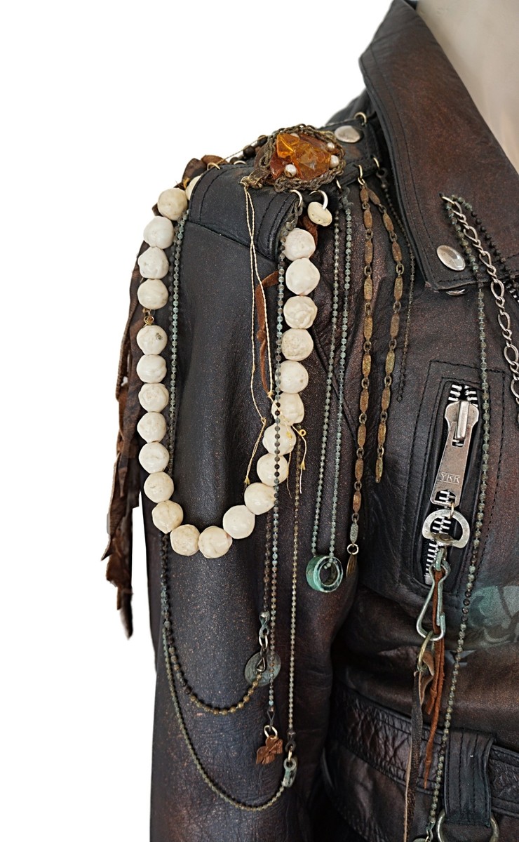VINTAGE 80s Upcycled LEATHER BIKER Jacket Paint Chains Stencil 