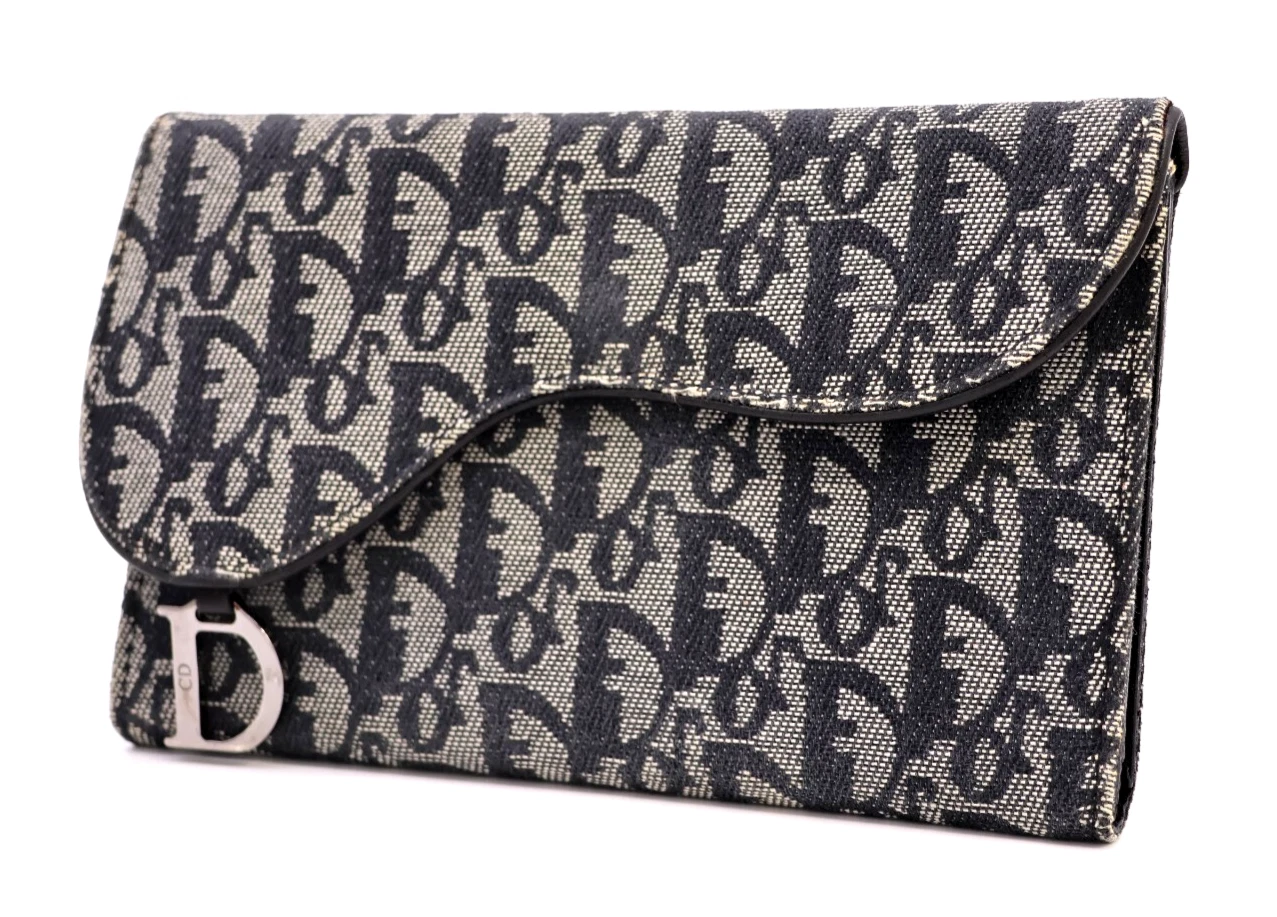 Christian Dior Portefeuille Selle Triple Long Sac à Main Trotteur Toile Noir Authentique