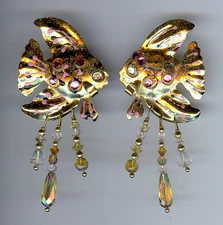 LUNCH AT THE RITZ ENAMEL PINK RHINESTONE DANGLE BEADS ANGEL FISH EARRINGS